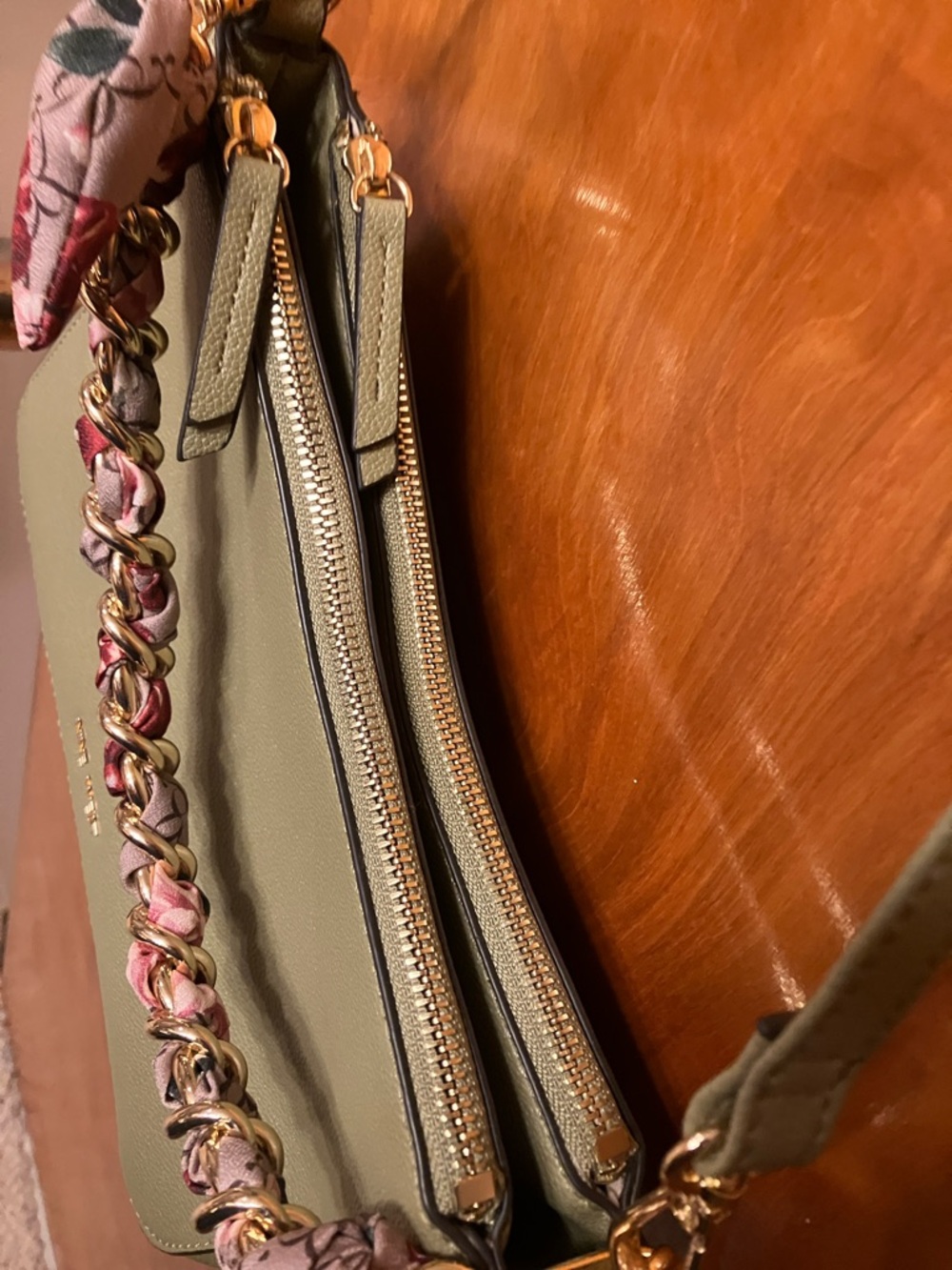 Nine West Olive Crossbody with Pink-Patterned Scarf Chain - Picture 6 of 15